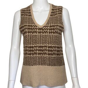 J.Crew Sweater Vest Womens M Tan Lambswool Brown Geometric Knit V Neck Pullover